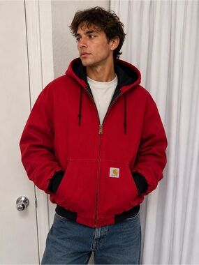 Carhartt Vintage Red Duck Canvas Active Jacket Thermal Lined Hooded EUC